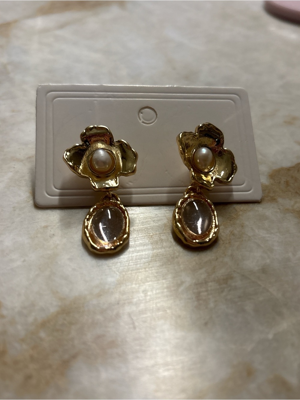 Vintage Gold Flower Drop Earrings with Pearl and Clear Stone